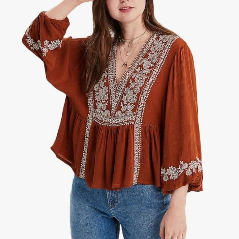 American Eagle Peasant Blouse Top Burnt Orange Embroidered Oversized Peplum S